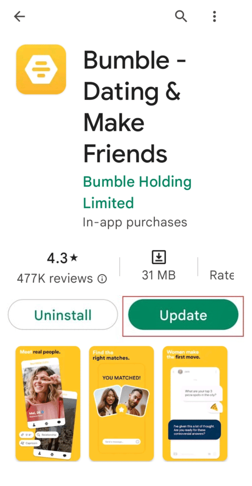 bumble uygulamasını güncelle. Fix Bumble, Android'de çökmeye devam ediyor