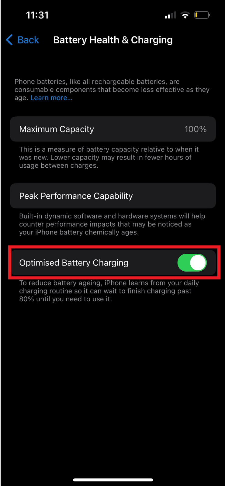 Localisez la bascule de charge optimisée de la batterie et désactivez-la. 12 façons de réparer l'application Bumble qui ne fonctionne pas