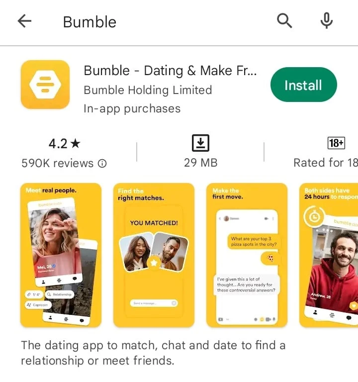 Google Play Store'da Bumble Uygulaması. Fix Bumble, Android'de çökmeye devam ediyor