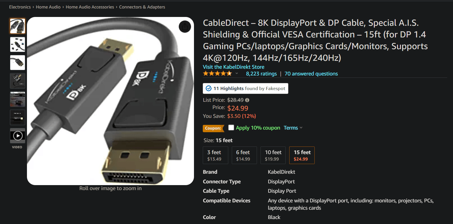 สายเคเบิล Kabeldirect DisplayPort ใน Amazon