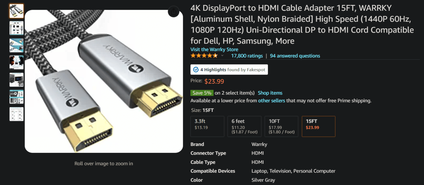 亞馬遜上的 Warrky DisplayPort 轉 HDMI 電纜