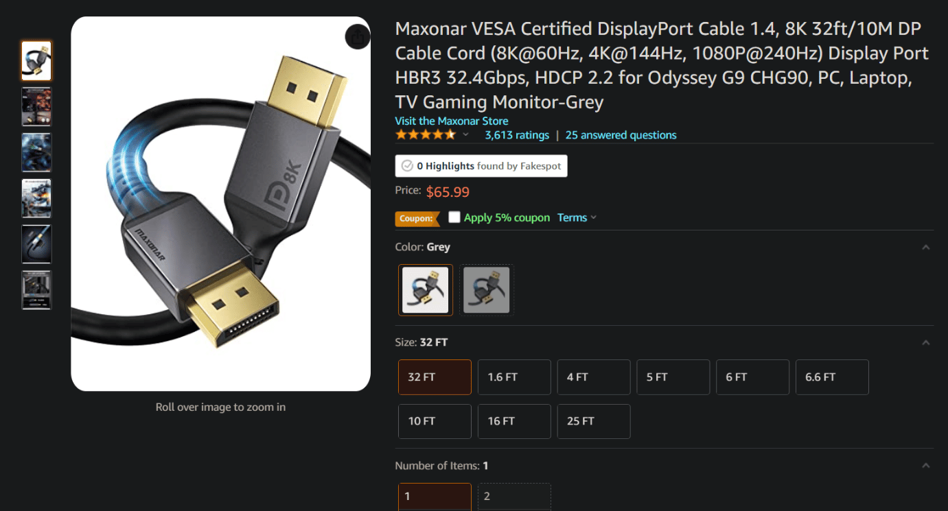 AmazonのMaxonar DisplayPortケーブル