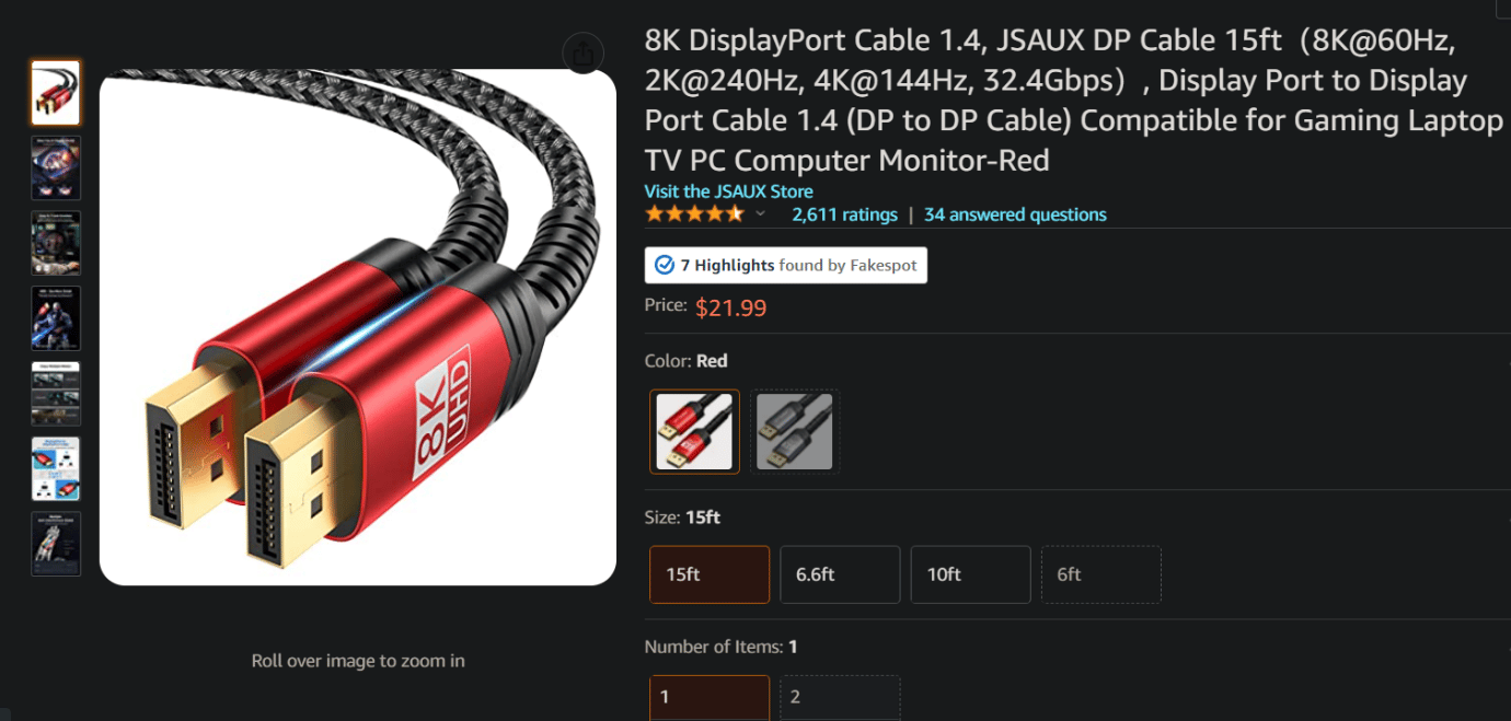 สายเคเบิล JSAUX DisplayPort ใน Amazon