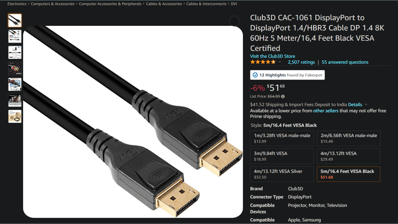 Cub 3d kabel displyport na Amazon