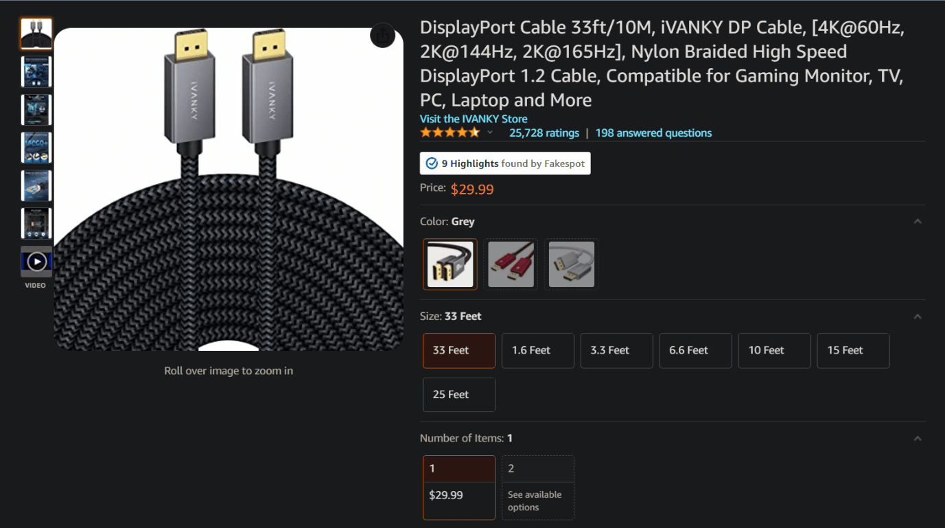 亞馬遜上的 Ivanky DisplayPort 線纜。 15 條最佳 DisplayPort 遊戲電纜