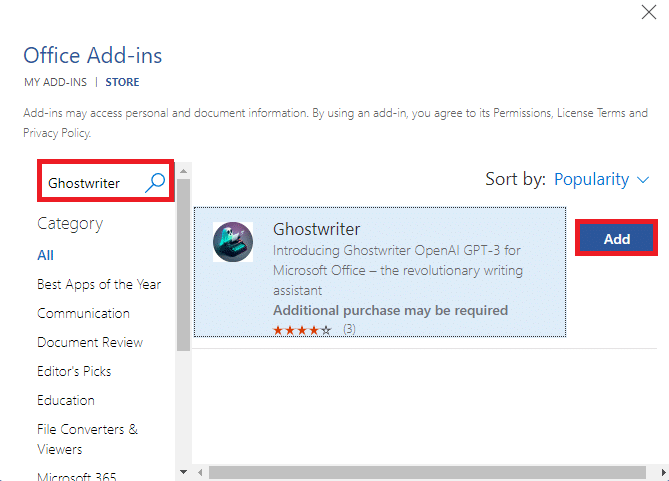 ค้นหา Ghostwriter แล้วคลิกเพิ่ม | ChatGPT คืออะไร & วิธีรวม ChatGPT เข้ากับ Microsoft Word