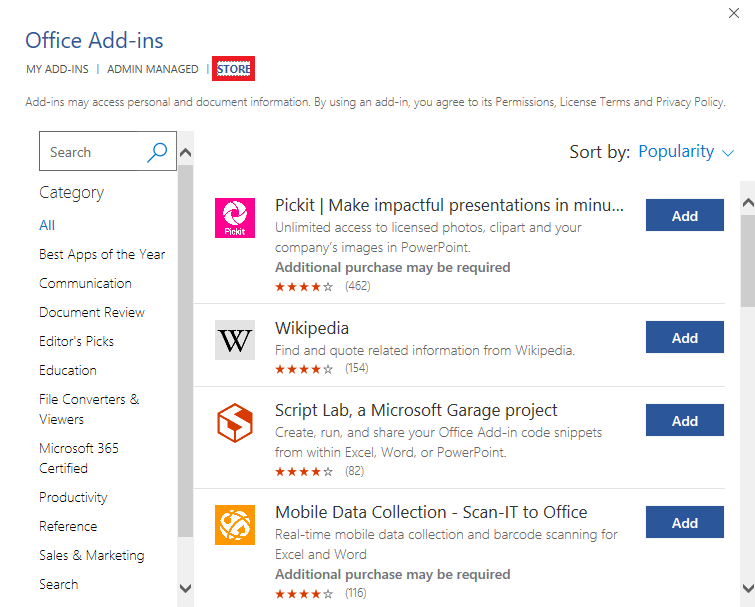 În caseta de dialog Office Add-ins, faceți clic pe STORE