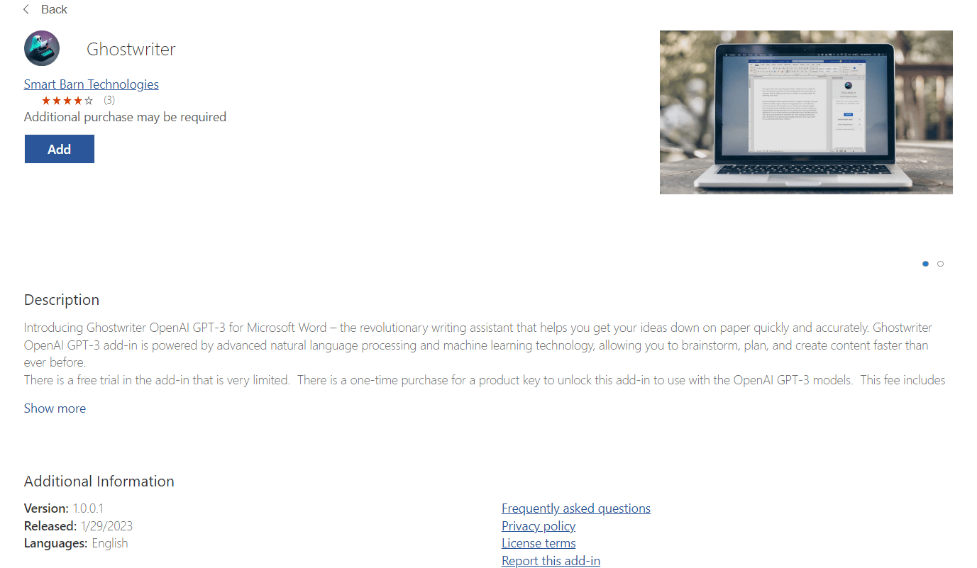 Add-in Ghostwriter di MS Office Store | apa itu ChatGPT & bagaimana Mengintegrasikan ChatGPT ke Microsoft Word