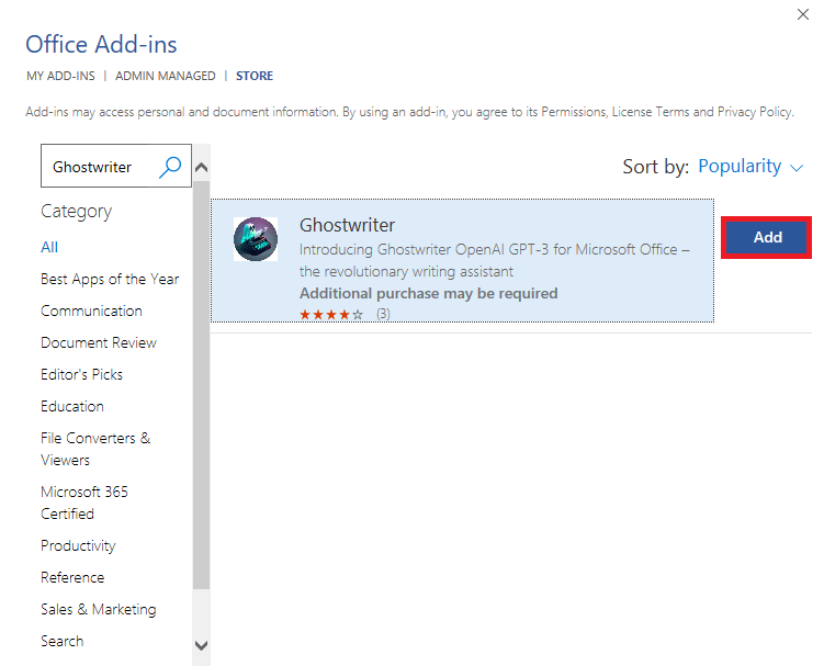 คลิกที่ไอคอนเพิ่มเพื่อติดตั้งส่วนเสริมใน Word | ChatGPT คืออะไร & วิธีรวม ChatGPT เข้ากับ Microsoft Word