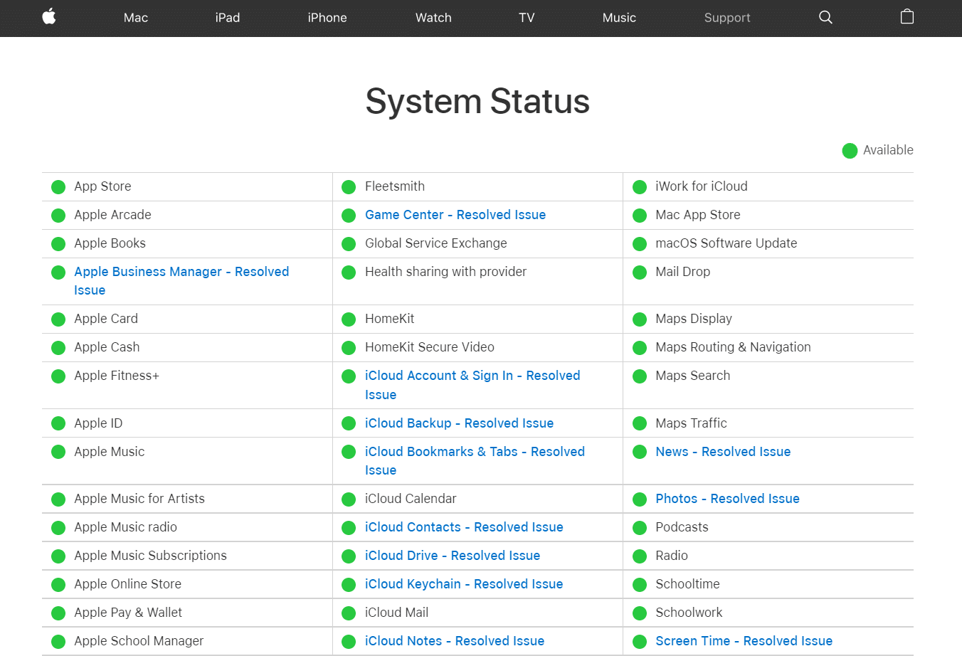 strona stanu systemu wsparcia Apple