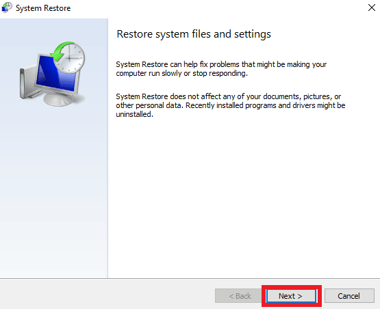 Haga clic en Siguiente en la página de restauración del sistema. 8 formas de corregir el error 0x800b0003 en Windows 10