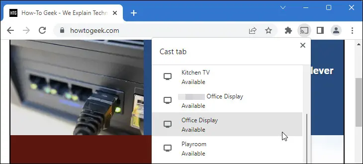 ローカル ネットワークで使用可能なキャスト先のリストを示す Google Chrome の画像。