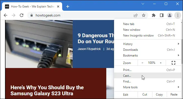 ein Bild von Google Chrome, das die Position der Casting-Option im Hauptmenü zeigt.