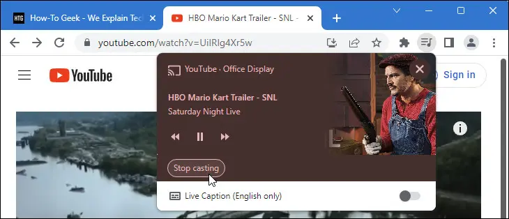 gambar Google Chrome yang menunjukkan cara menghentikan transmisi langsung dari sumber seperti YouTube.