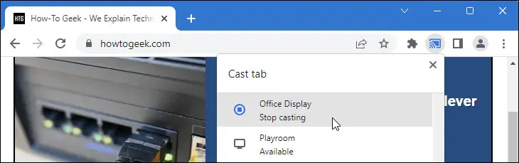 アクティブなキャストと、アクティブなキャストをオフにする方法を示す Google Chrome の画像。