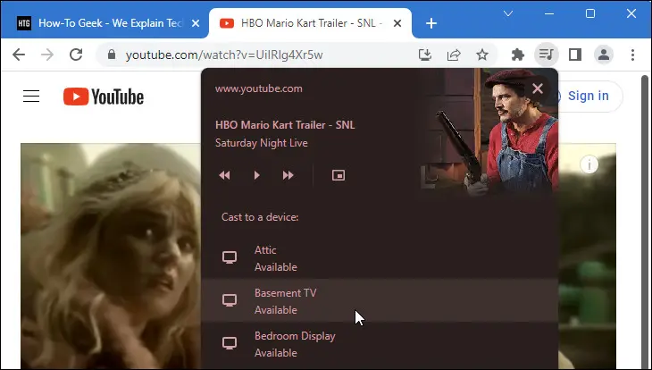 gambar Google Chrome yang menampilkan opsi kontrol media saat melakukan transmisi langsung dari situs seperti YouTube.