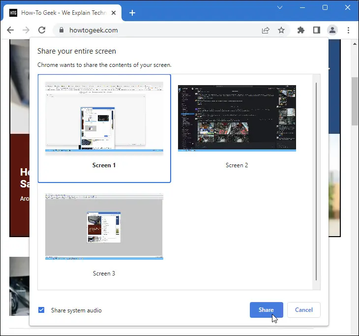 gambar Google Chrome yang menampilkan opsi pemilihan layar jika Anda memasang beberapa monitor.