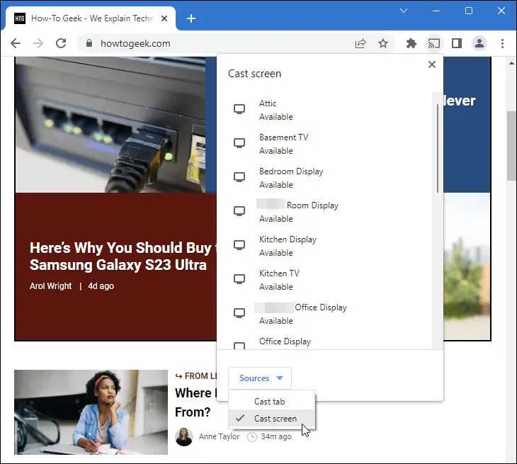 タブまたは画面全体のストリーミングを選択するオプションを備えた詳細なキャスト メニューを示す Google Chrome の画像。
