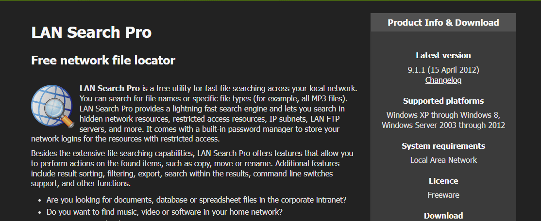 Página da Web do LAN Search Pro. 22 melhores ferramentas de pesquisa gratuitas para Windows 10