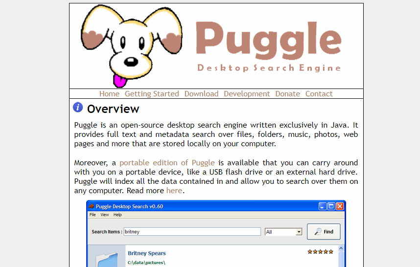 Веб-страница Puggle Desktop Search. 22 лучших бесплатных инструмента поиска для Windows 10