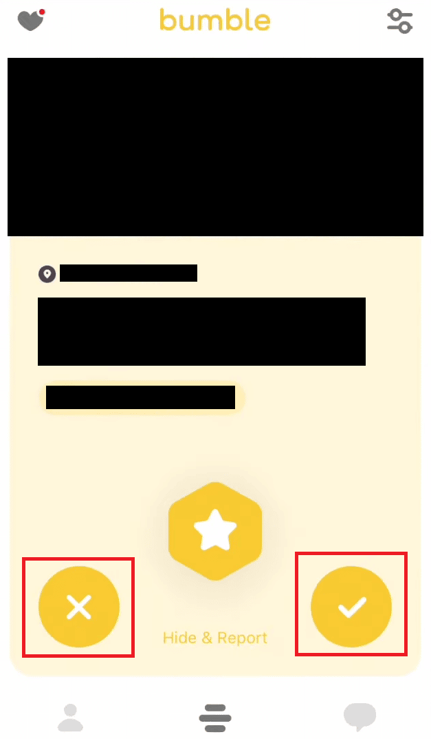 appuyez sur l'icône de coche ou l'icône de croix pour aimer ou ne pas aimer le profil, respectivement