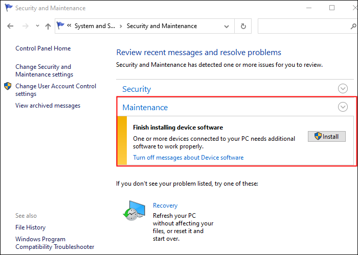 หน้าต่าง Security and Maintenance บน Windows 10