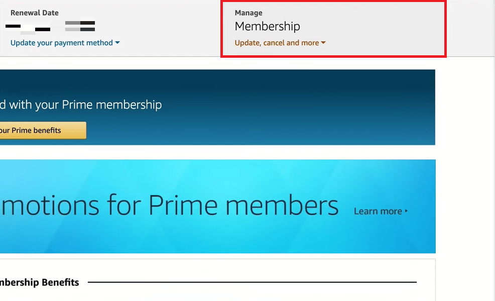 Haga clic en la pestaña Administrar membresía en la esquina superior derecha | Cómo cancelar Amazon Prime Video