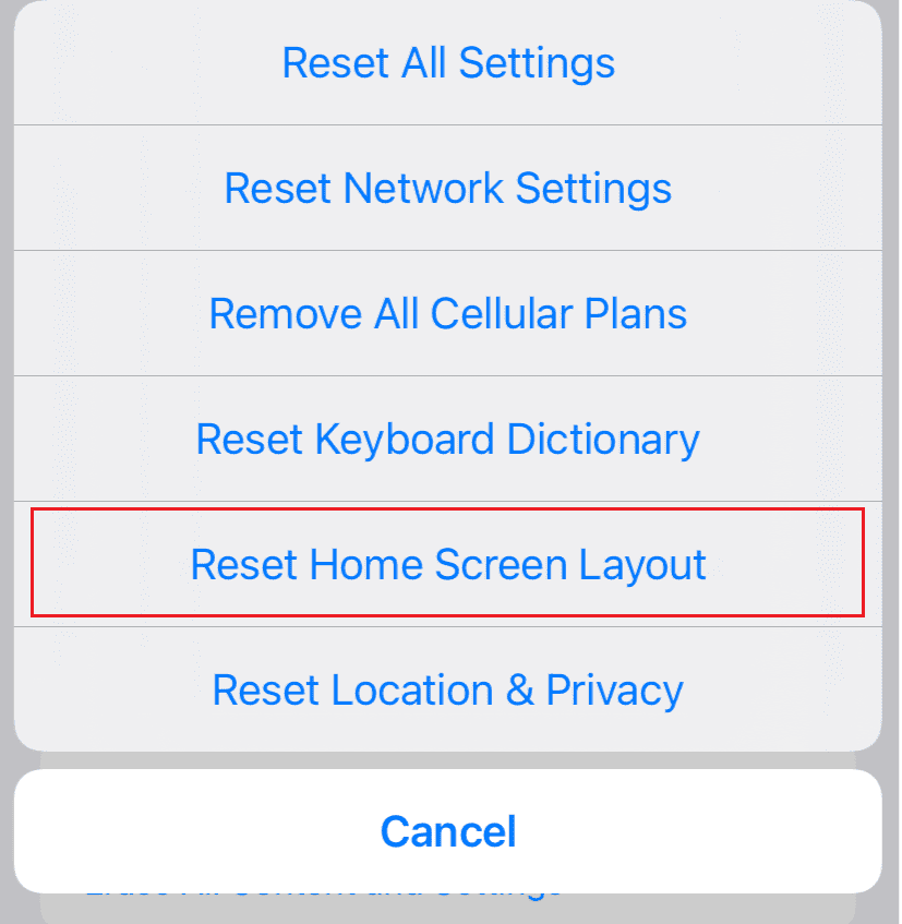 appuyez sur Réinitialiser la disposition de l'écran d'accueil | impossible de trouver l'application sur iPhone