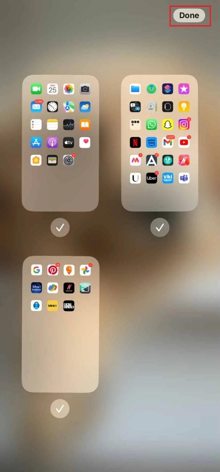 Toque nas páginas da tela inicial para selecioná-las e, em seguida, toque em Concluído. | aplicativos desapareceram da tela inicial do iPhone iOS 14