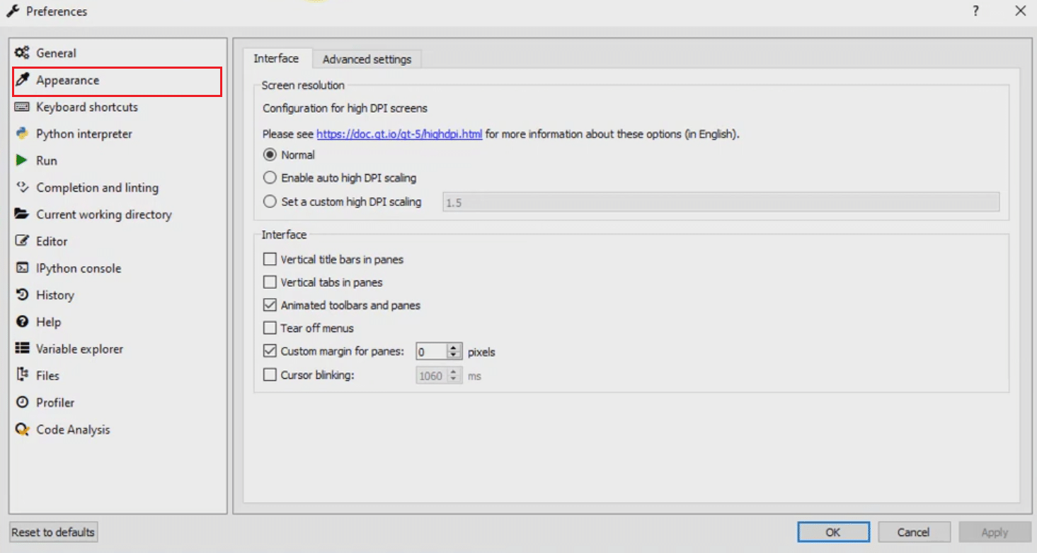 haga clic en la opción Apariencia en el panel izquierdo | Cómo obtener el tema oscuro en el IDE de Spyder