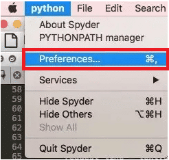 Python 드롭다운 메뉴에서 Preferences... 옵션을 클릭합니다.