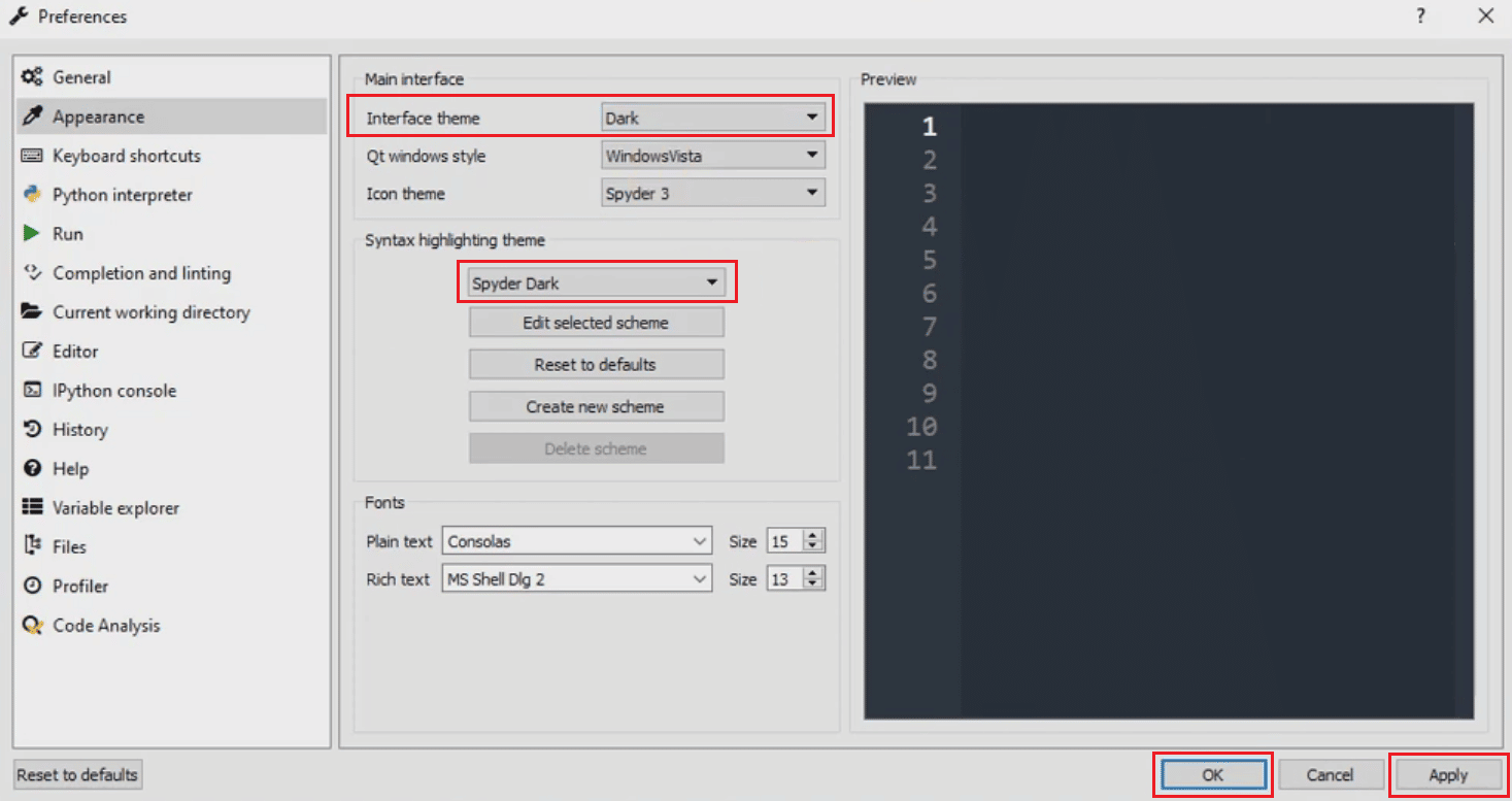 Dunkle Option aus dem Interface-Thema - Spyder Dark Syntax-Hervorhebungsthema - Übernehmen - OK