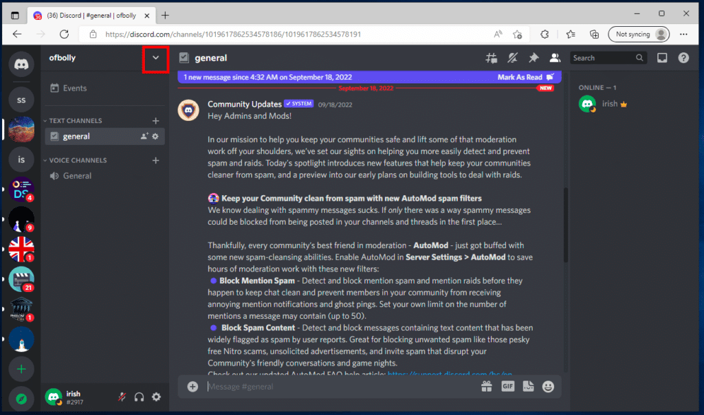 單擊服務器的名稱。修復不顯示 Discord 服務器所有者皇冠