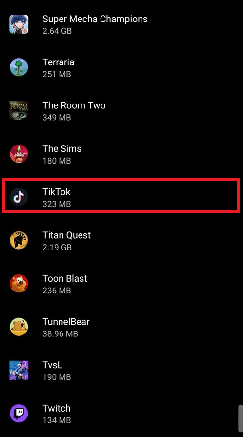 ไปที่การตั้งค่าตามด้วยแอพแล้วไปที่ tiktok