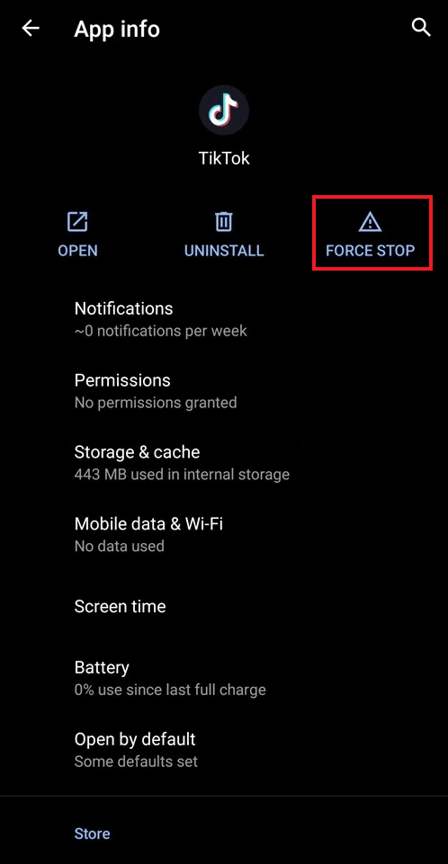 Tippen Sie auf Stopp erzwingen, um Tiktok zu stoppen | So beheben Sie den TikTok-Fehler 2433