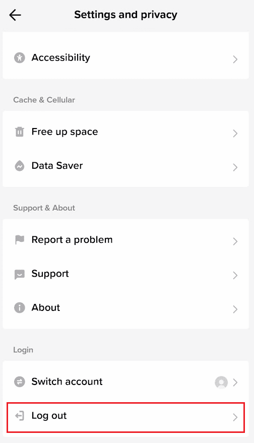 Deslize para baixo até a parte inferior do menu e toque na opção Sair | Como corrigir o erro TikTok 2433