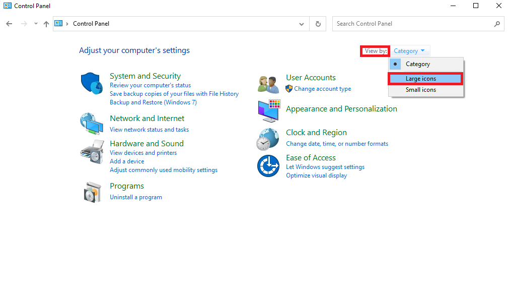 fare clic sull'elenco a discesa Visualizza e selezionare Icone grandi | Perché Windows continua a ridurre a icona i programmi