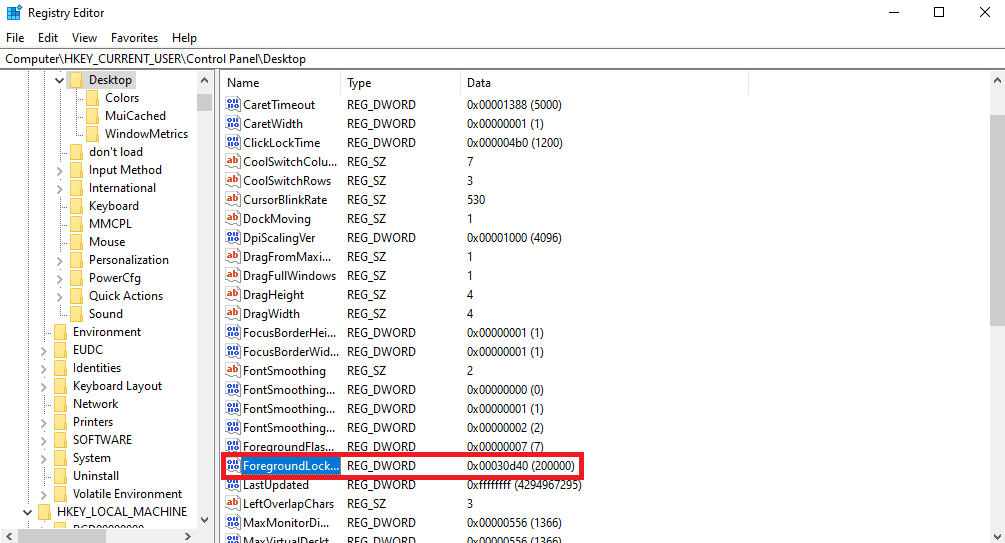 individuare e fare doppio clic sulla chiave ForegroundLock Timeout