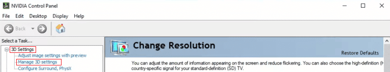 انقر فوق 3D Settings - Manage 3D settings