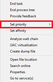 右鍵單擊該程序並選擇設置優先級
