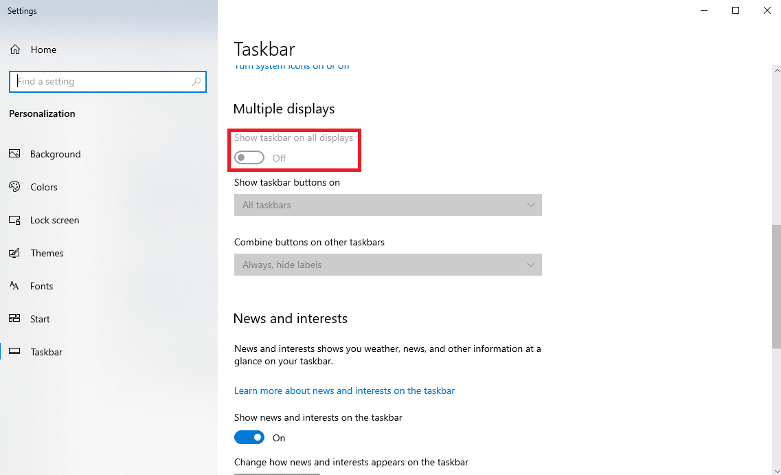 Activați comutatorul pentru Afișare bara de activități pe toate afișajele | De ce Windows continuă să minimizeze programele