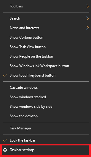 Görev Çubuğuna sağ tıklayın ve Görev Çubuğu ayarlarına tıklayın