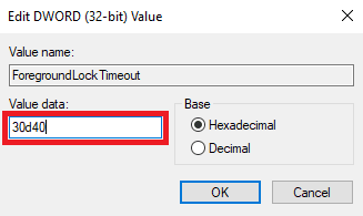 Imposta i dati del valore come 30d40 | Perché Windows continua a ridurre a icona i programmi