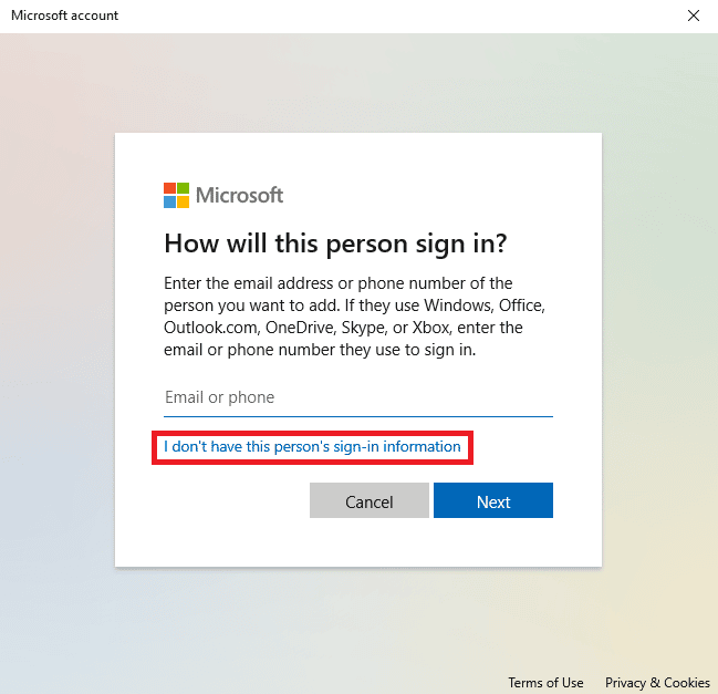 サインイン ページで、[I don't have this person's sign-in information | Windows がプログラムを最小化し続ける理由