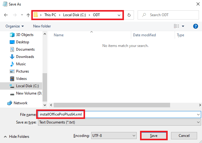 Ctrl + S を押して、ファイルを installOfficeProPlus64.xml という名前で ODT フォルダーに保存します。