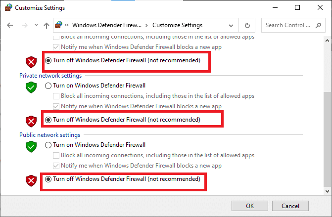 Marque as caixas Desativar o Firewall do Windows Defender