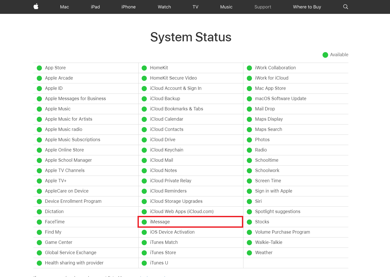 Página de estado del sistema de Apple