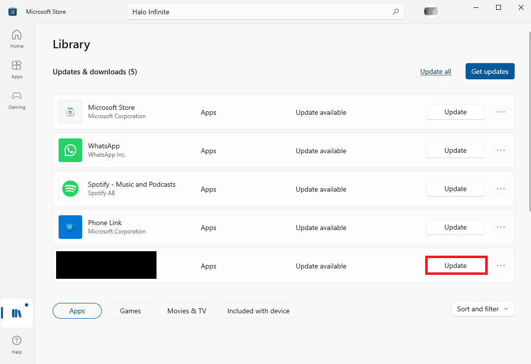 cari Halo Infinite, dan klik Perbarui. Cara Memperbaiki Masalah Packet Loss di Halo Infinite