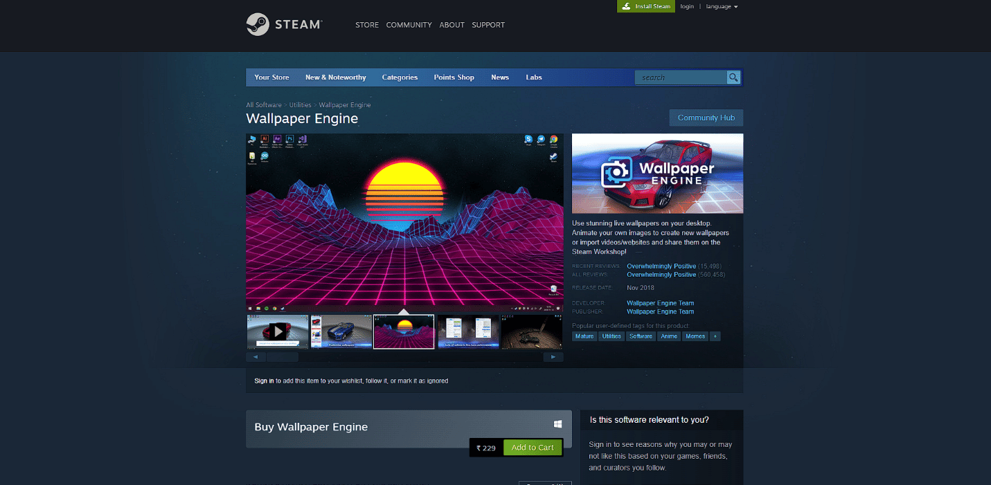 Wallpaper Engine Steam sayfası