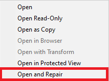 seleccione Abrir y reparar. 12 formas de arreglar contenido ilegible en Microsoft Word